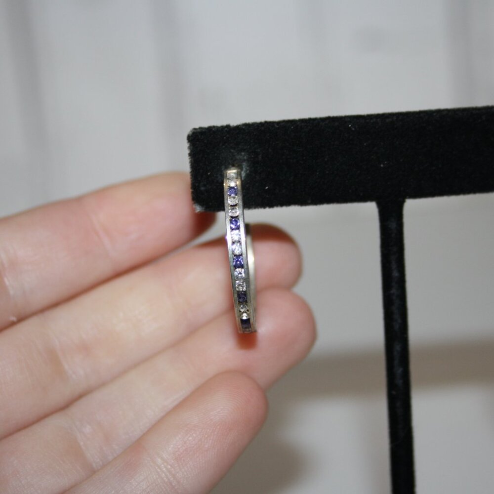 Beautiful silver hoop earrings with blue and white CZ's 1" - Picture 3 of 5